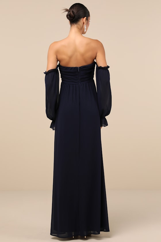 Glorious Invite Navy Blue Knotted Off-the-Shoulder Maxi Dress