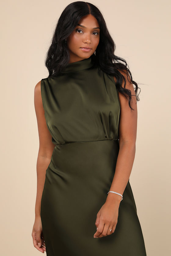 Classic Elegance Olive Satin Sleeveless Mock Neck Maxi Dress