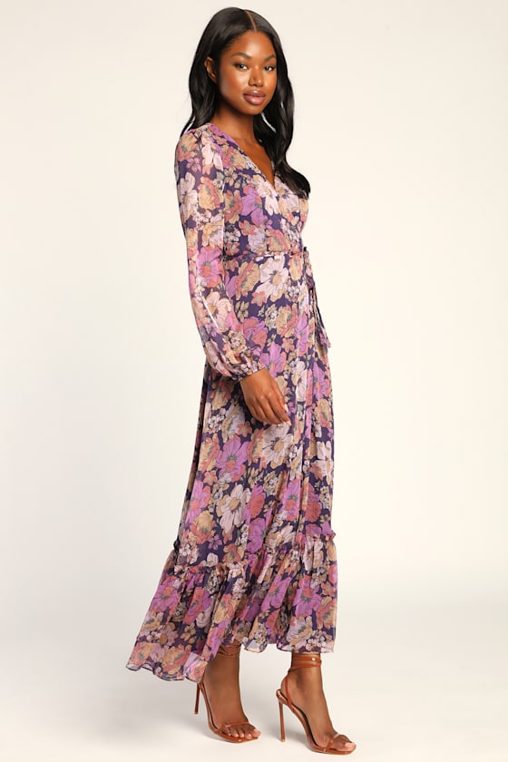 Feeling Sweet Purple Floral Print Long Sleeve Wrap Maxi Dress