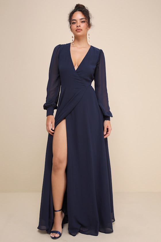 My Whole Heart Dark Navy Blue Long Sleeve Wrap Dress