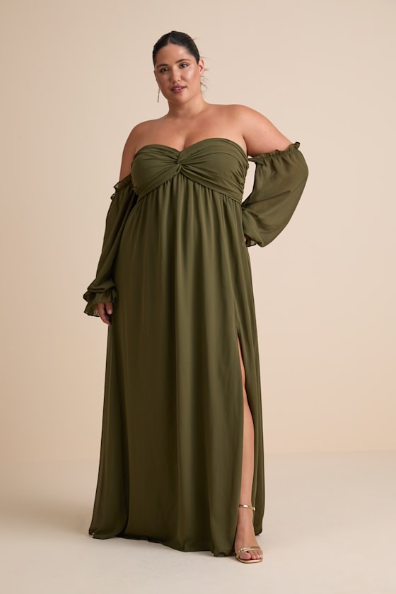 Glorious Invite Olive Green Knotted Off-the-Shoulder Maxi Dress