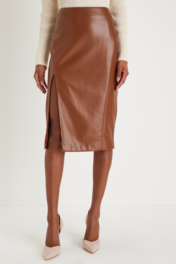 Mireya Brown Vegan Leather Pencil Skirt