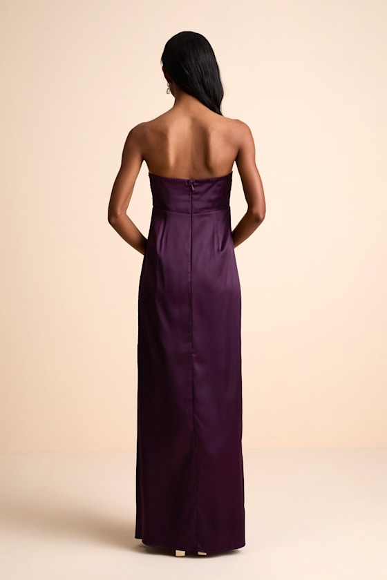 Memorable Entrance Dark Purple Strapless Satin Maxi Dress