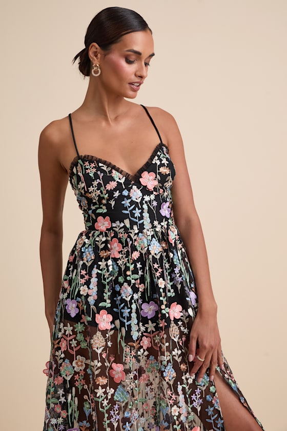 Mahryn Black 3D Floral Embroidered Midi Bodysuit Dress