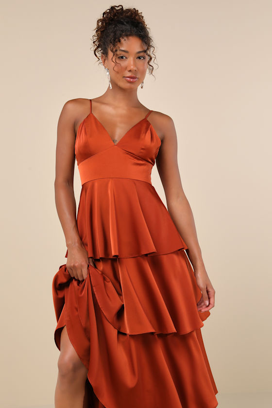 Going with Elegance Rust Brown Satin Tiered Gown