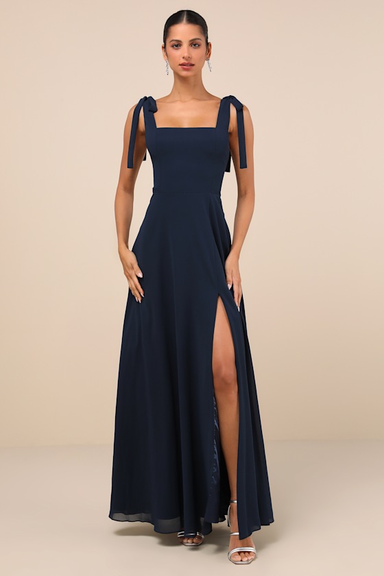 Love Me Forever Navy Blue Tie-Strap Square Neck Maxi Dress