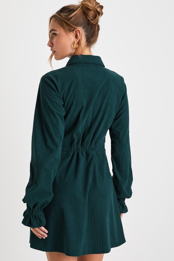 Autumn Mood Emerald Green Corduroy Mini Dress With Pockets