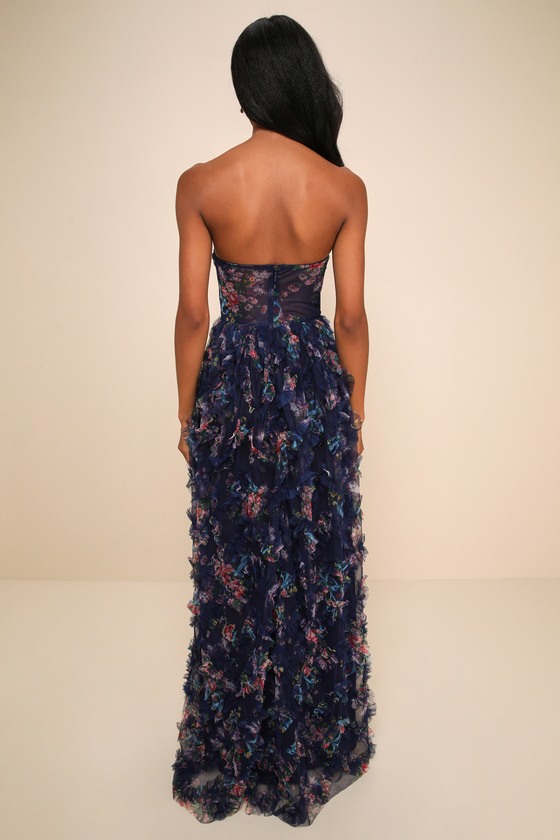 Stunning Element Navy Floral Mesh Ruffled Strapless Maxi Dress