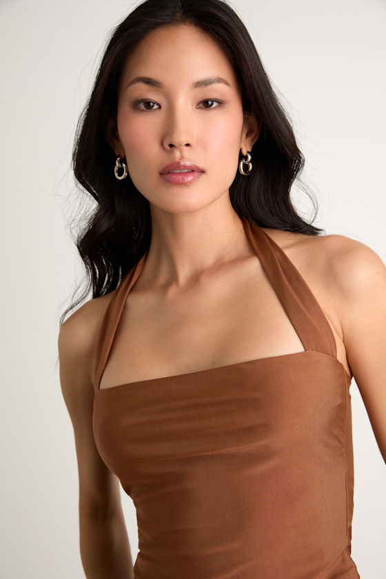 Laniah Light Brown Slinky Knit Halter Crop Top