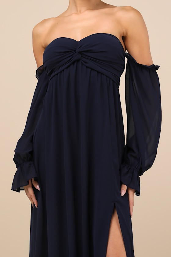 Glorious Invite Navy Blue Knotted Off-the-Shoulder Maxi Dress