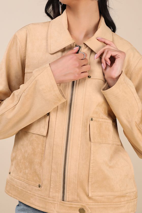 Bayton Beige Suede Zip-Front Trucker Jacket