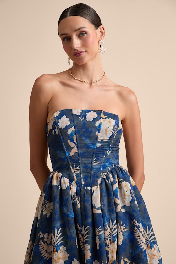 Eulalia Dark Blue Floral Lace-Up Strapless Bustier Midi Dress