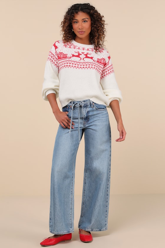 Cutest Cheer Ivory and Red Fair Isle Pullover Sweater
