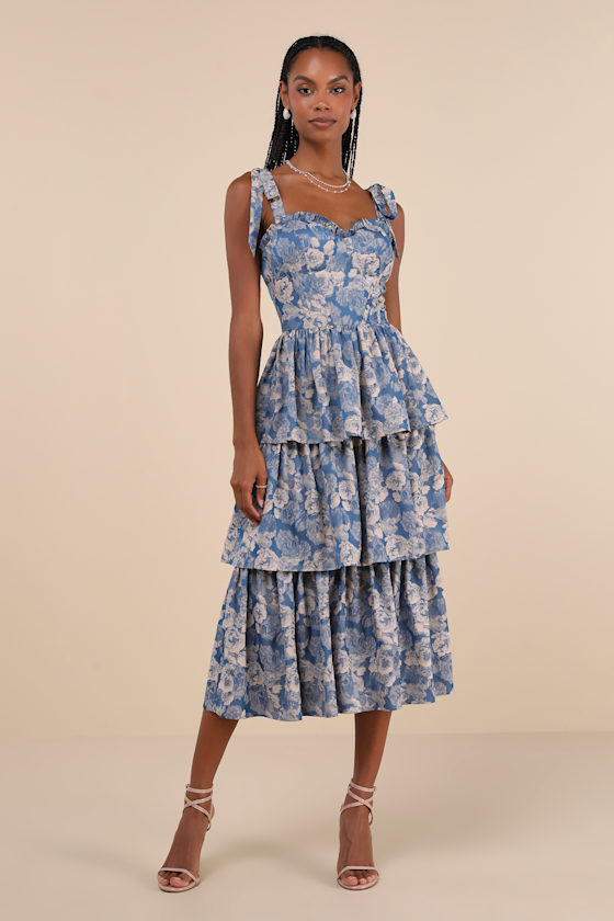 Lovely Bliss Blue Floral Jacquard Strapless Bustier Midi Dress
