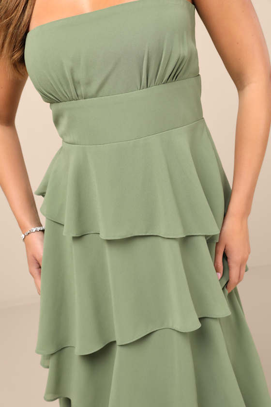 Gorgeous Essence Sage Strapless Tiered Maxi Dress