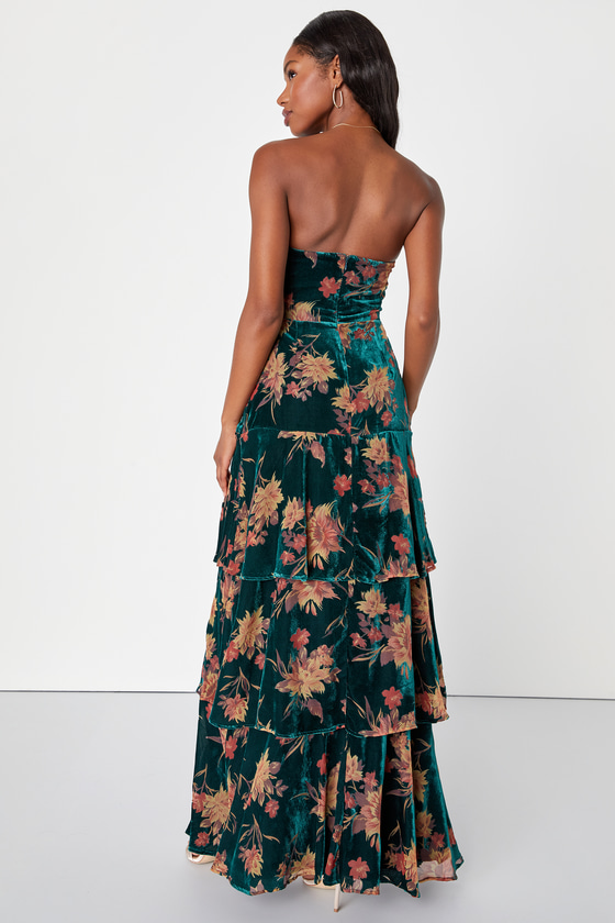 Real Allure Emerald Floral Burnout Velvet Strapless Maxi Dress