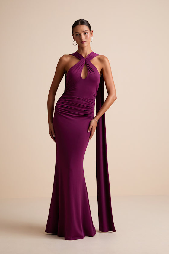 Noretta Plum Jersey Knit Keyhole Cutout Sash Maxi Dress
