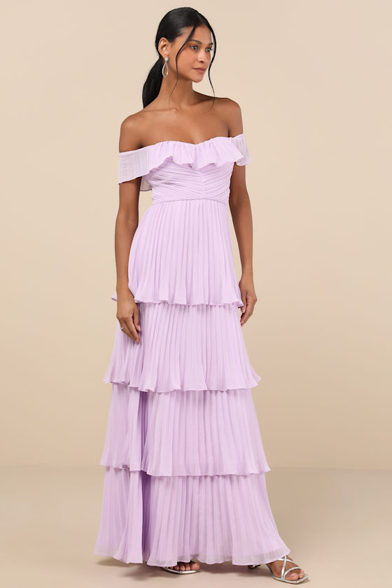 Always Remarkable Lavender Pleated Off-the-Shoulder Maxi Dress