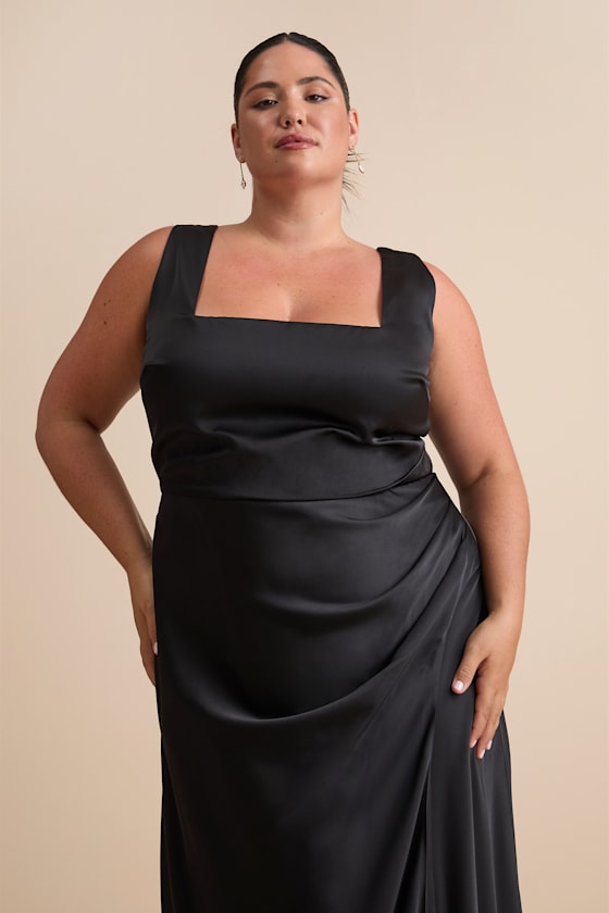 Red Carpet Romance Black Satin Square Neck Maxi Dress