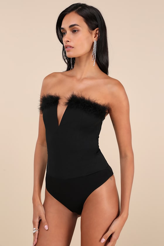 Desirable Aesthetic Black Feather Strapless Bodysuit