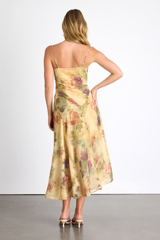 Euroa Yellow Abstract Floral Seamed Sleeveless Midi Dress