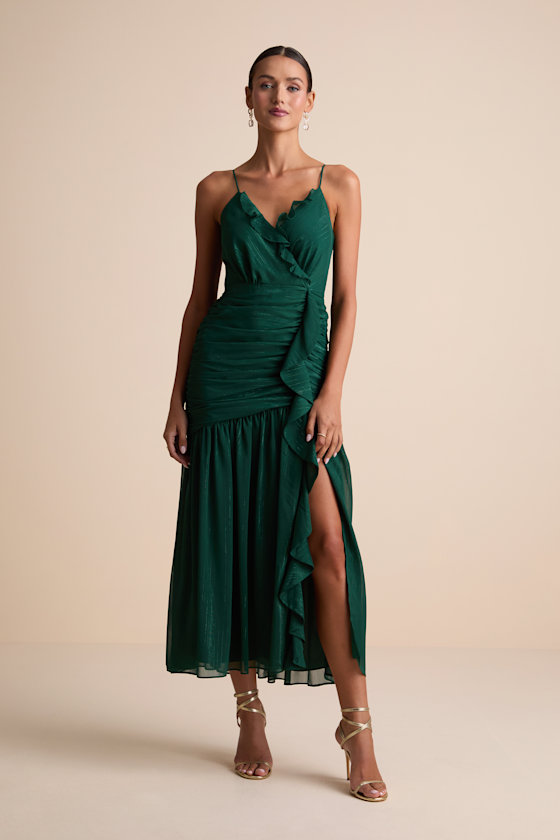 Stunning Soiree Emerald Lurex Ruched Midi Dress