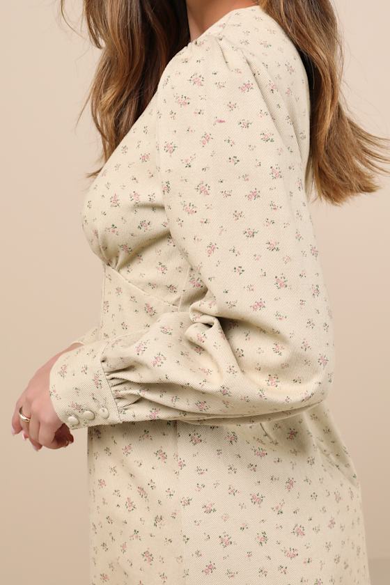 Darling Girl Beige Floral Twill Long Sleeve Mini Dress