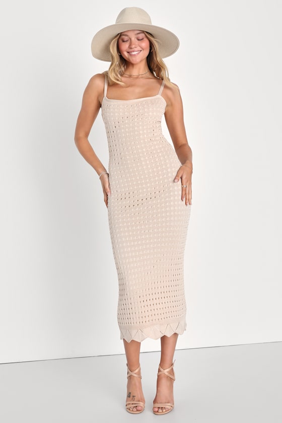 Ventura Vision Beige Crochet Lace-Up Midi Dress