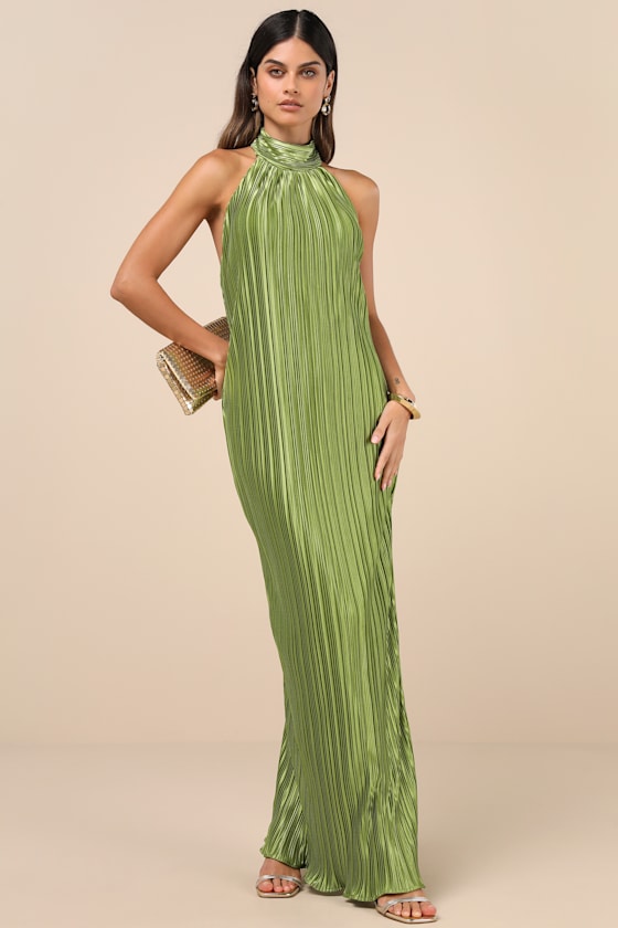Gwenny Lime Green Satin Plisse Maxi Dress