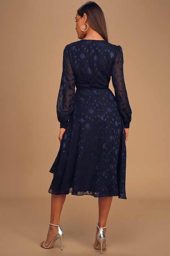 Evening of Elegance Navy Blue Floral Jacquard Wrap Midi Dress