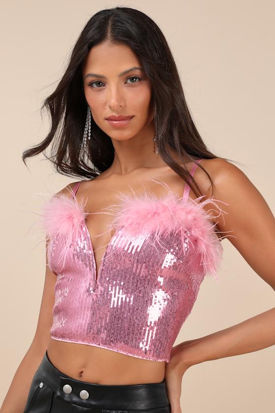 Spectacular Muse Pink Sequin Feather Cropped Cami Top