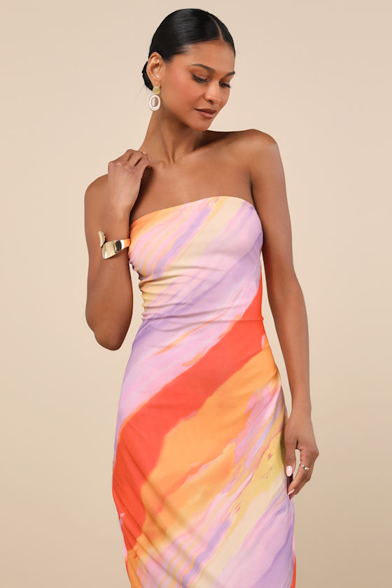 Jaylah Lavender Multi Mesh Strapless Midi Dress