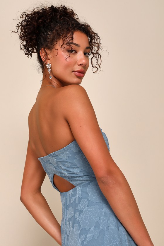 Garden of Romance Dusty Blue Floral Burnout Strapless Maxi Dress