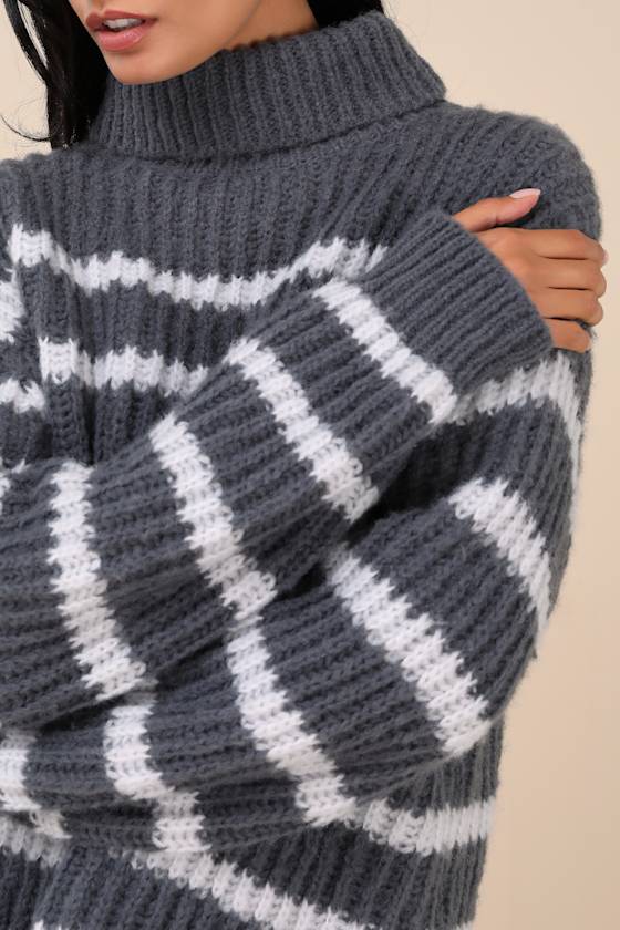 Cooler Forecast Grey and White Striped Turtleneck Sweater