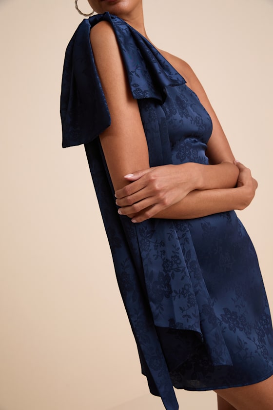 Jayda Navy Satin One-Shoulder Sash Mini Dress