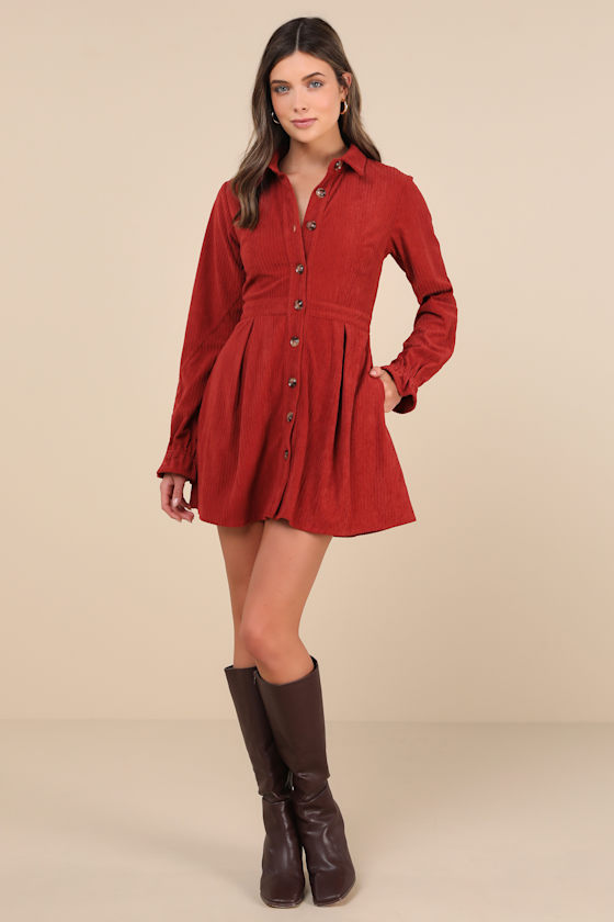 Autumn Mood Rust Red Corduroy Mini Dress With Pockets