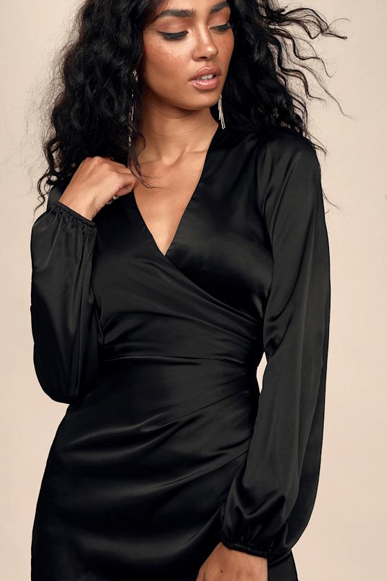 Late Night Rendezvous Black Satin Long Sleeve Dress