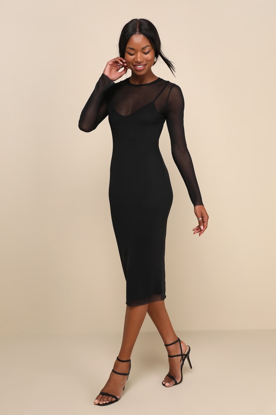 Perfect Plans Black Sheer Mesh Long Sleeve Bodycon Midi Dress