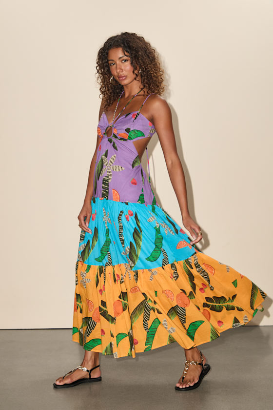 Helia Purple Multi Tropical Print Cutout Maxi Dress