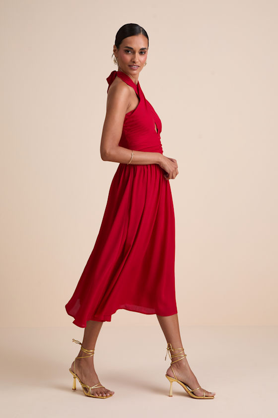 Emrah Red Cross-Front Cutout Halter Midi Dress
