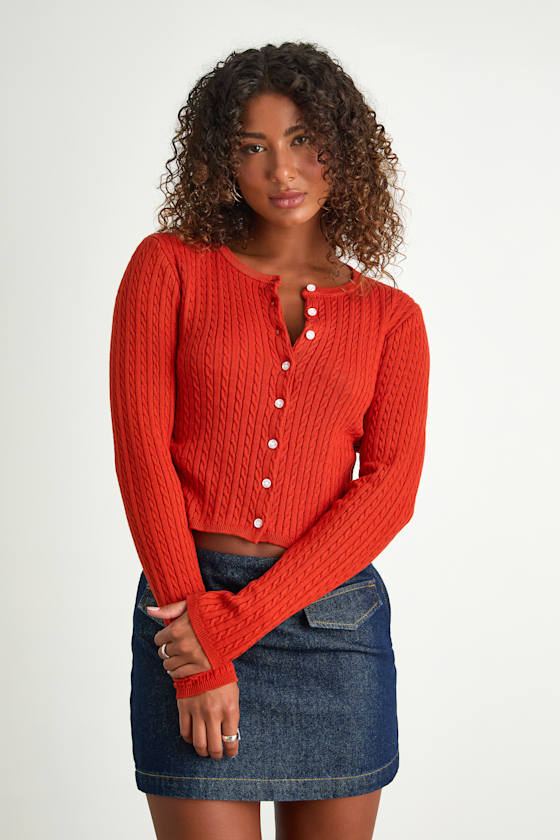 Marylu Bright Red Cable Knit Cardigan Sweater Top
