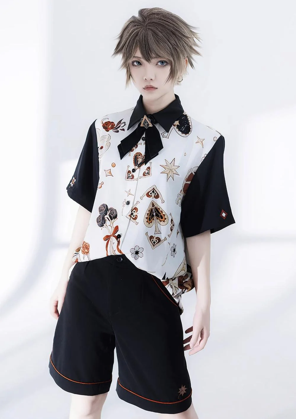 Princess Chronicles - Floral Intoxication - Retro Ouji Lolita Shirt Floral Short Sleeve Shirt and Embroidered Black Shorts