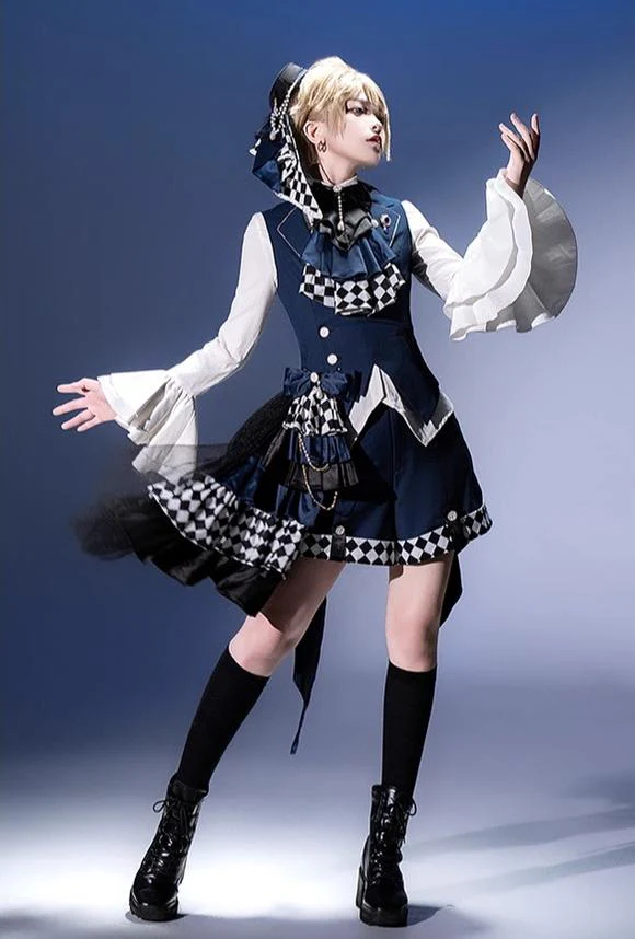 Forest Fluorescent Carps - The Judge's Game - Dark Blue Ouji Lolita Tailored Vest, Shorts Outfit