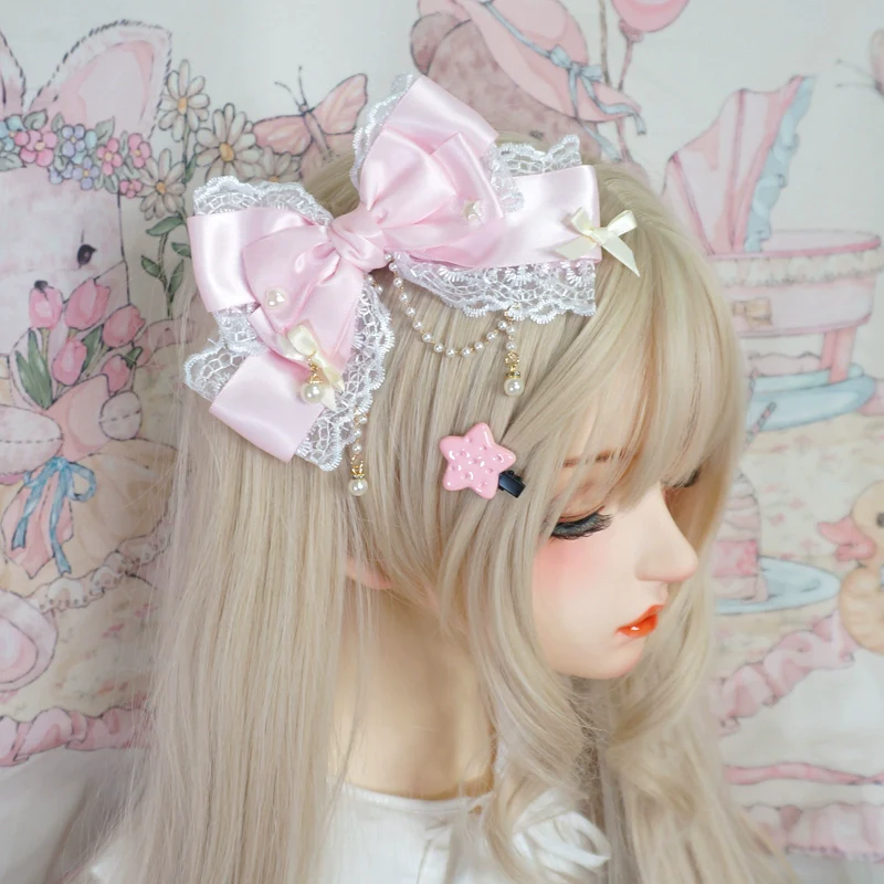 MaoJiang Handmade - Dreamy Sweet Lolita Layerd Bow Hair Clip, Pearl Accents