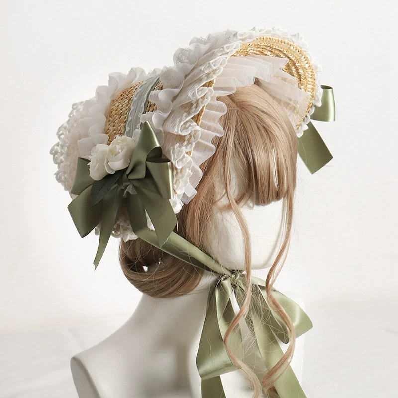 The Accessories' Story - Country Lolita Straw BNT, Ruffled Lace, Artificial Flower