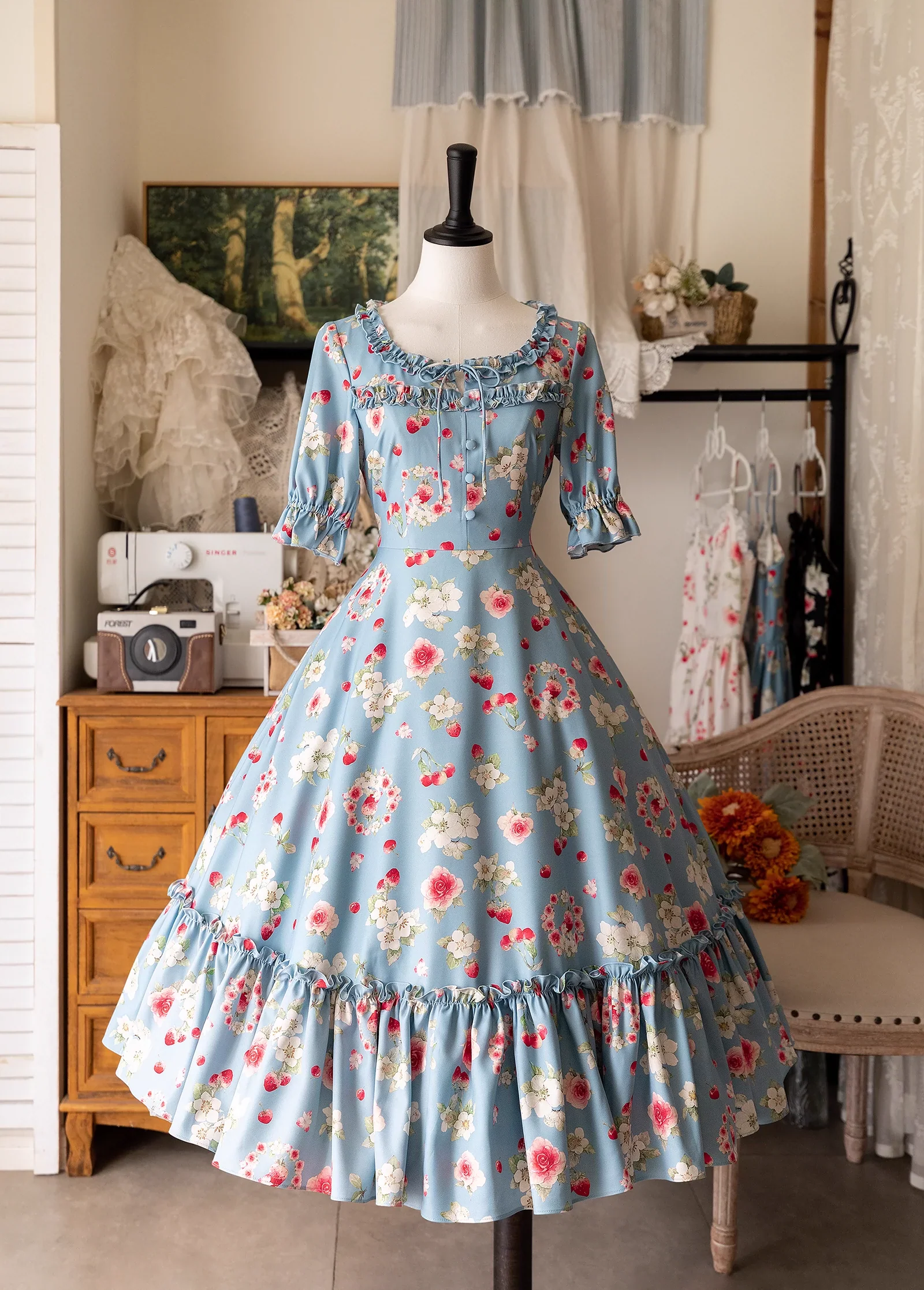 Forest Wardrobe - Summer Berry Picture Book - Vintage Lolita OP Dress Floral Print Short Sleeve Dress