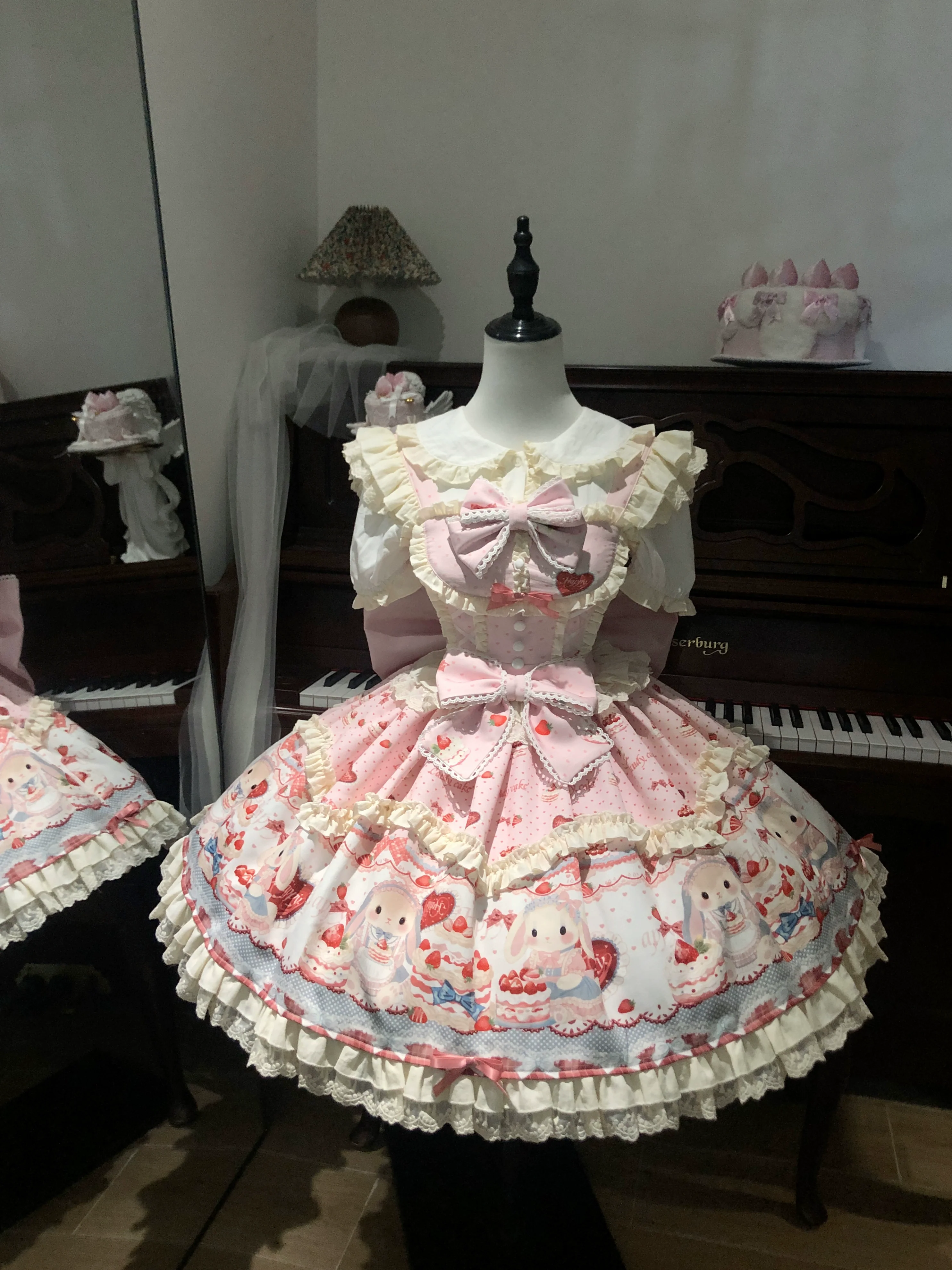 Sweet Dreamland - Bunny Party - Printed Sweet Lolita JSK, Bow Trailing