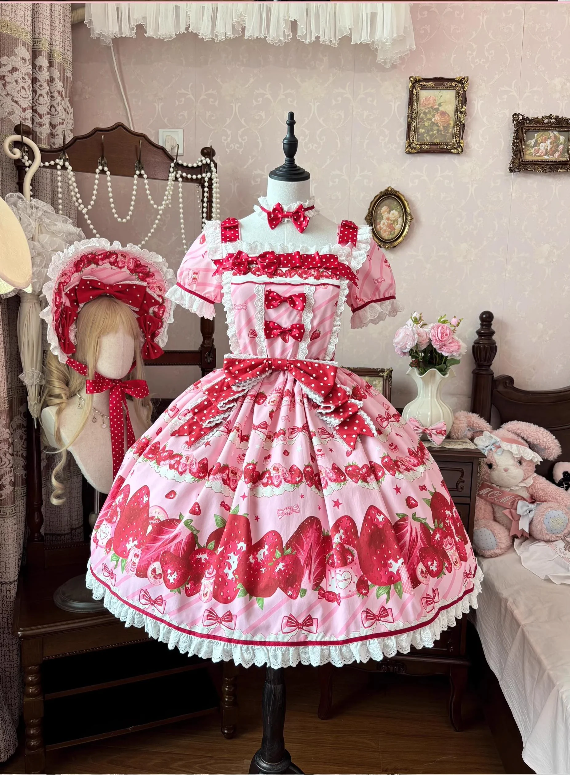 Peach Bunny - Strawberry Box - Sweet Lolita OP Dress, Strawberry Print