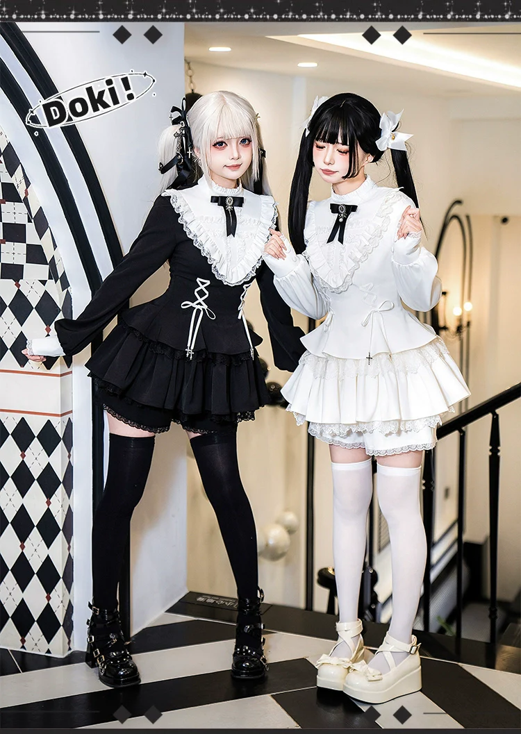 With Puji - Doki - Twin Lolita OP Black/White Goth Dress with Pocketed Shorts