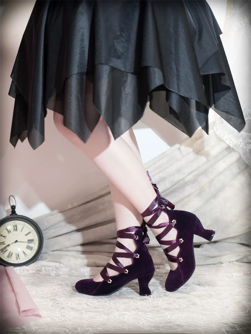 MR.Qiutian - Forbidden Dance - Elegant Lolita Velvet Shoes, Adjustable Lace-Up Straps